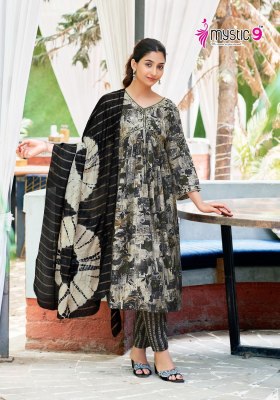 Heena vol 4 by Mystic 9 premium quality reyon foil printed kurti pant and dupatta catalogue at low rate readymade suit catalogs
