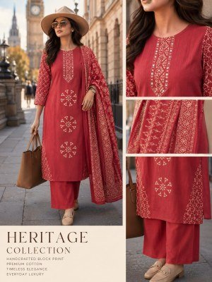 Heritage Collection Daboo Cotton 3 Piece Kurti Pant with Dupatta kurti pant with dupatta Catalogs