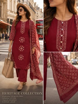 Heritage Collection Daboo Cotton 3 Piece Kurti Pant with Dupatta kurti pant with dupatta Catalogs