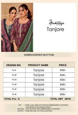 Hermitage clothing by Tanjore Pure Airjet Cotton With Embroidered unstitched dress material at low rate    salwar kameez catalogs