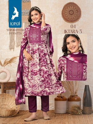 Iktara 4 by Kaya reyon foil printed nyra cut kurti pant and dupatta catalogue at low rate readymade suit catalogs