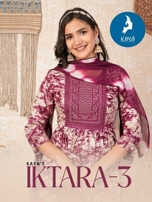 Iktara 4 by Kaya reyon foil printed nyra cut kurti pant and dupatta catalogue at low rate readymade suit catalogs