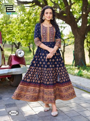 Inaya vol 3 blue hills reyon foil printed flared gown catalogue  gown catalogs