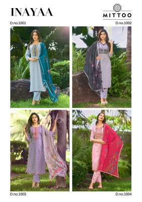 Innaya by Mittoo reyon printed thredwork kurti pant and dupatta catalogue readymade suit catalogs