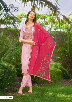Innaya by Mittoo reyon printed thredwork kurti pant and dupatta catalogue readymade suit catalogs