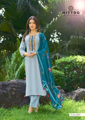 Innaya by Mittoo reyon printed thredwork kurti pant and dupatta catalogue readymade suit catalogs