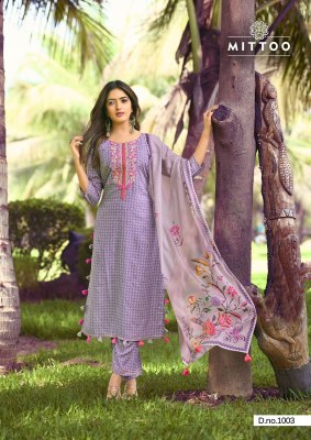 Innaya by Mittoo reyon printed thredwork kurti pant and dupatta catalogue readymade suit catalogs