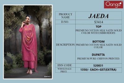 Jaeda by Ganga Premium cotton Silk Satin Unstitched dress in affordable rate salwar kameez catalogs
