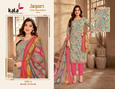 Jaipuri vol 5 by Kala Heavy cotton Printed tie work readymade suit catalogue at affordable rate readymade suit catalogs