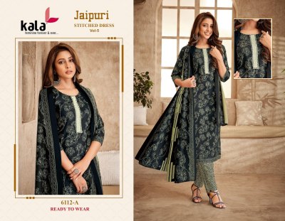 Jaipuri vol 5 by Kala Heavy cotton Printed tie work readymade suit catalogue at affordable rate readymade suit catalogs
