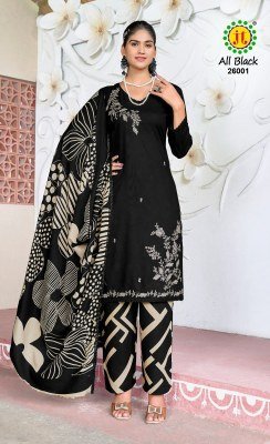 Jamatmal Tilokchand All Black 26 Unstitched Rayon Suit  Sequence Embroidery And Daman Lace with Printed Rayon Bottom and Dupatta Wholesale  dress material catalogs