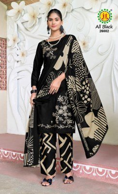 Jamatmal Tilokchand All Black 26 Unstitched Rayon Suit  Sequence Embroidery And Daman Lace with Printed Rayon Bottom and Dupatta Wholesale  dress material catalogs