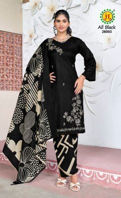 Jamatmal Tilokchand All Black 26 Unstitched Rayon Suit  Sequence Embroidery And Daman Lace with Printed Rayon Bottom and Dupatta Wholesale  dress material catalogs