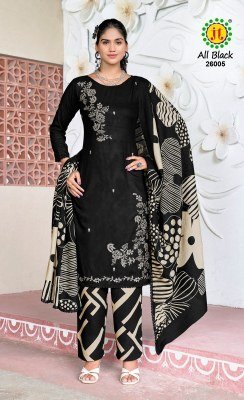 Jamatmal Tilokchand All Black 26 Unstitched Rayon Suit  Sequence Embroidery And Daman Lace with Printed Rayon Bottom and Dupatta Wholesale  dress material catalogs