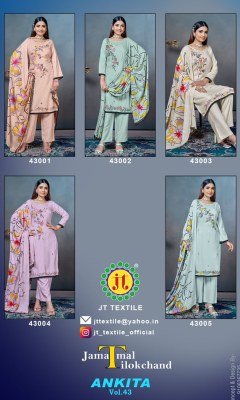 Jamatmal Tilokchand Ankita Vol 43 Rayon Embroidered Unstitched Suit with Printed Dupatta And Lace Wholesale  dress material catalogs