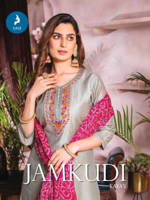 Jamkudi by kaya chanderi silk thread work readymade suit catalogue at low rate readymade suit catalogs
