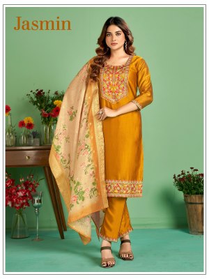 Jasmine present Fancy silk full cotton inner embroidered kurti pant and dupatta catalogue at low rate readymade suit catalogs