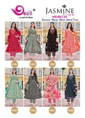 Jasmine vol 5 by devi heavy reyon nayra cut readymade suit catalogue at affordable rate fancy Anarkali suit catalogs
