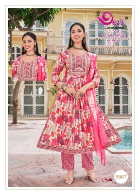 Jasmine vol 5 by devi heavy reyon nayra cut readymade suit catalogue at affordable rate fancy Anarkali suit catalogs