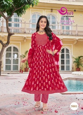 Jasmine vol 5 by devi heavy reyon nayra cut readymade suit catalogue at affordable rate fancy Anarkali suit catalogs