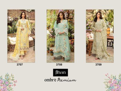Jihan Ombre Collection D No 3707 3708 3709  Premium Unstitched Lawn Suit with Embroidery Patches And Kota Dupatta Wholesale pakistani suit catalogs