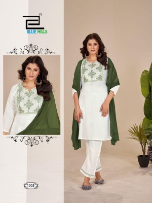 Juliet by Blue Hills Designer reyon Embroidered Top bottom and dupatta catalogue in amavi expo readymade suit catalogs