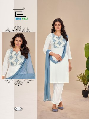 Juliet by blue hills reyon exclusive embroidered top pant and dupatta catalogue at low rate readymade suit catalogs