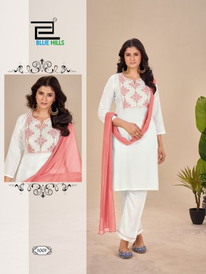 Juliet by blue hills reyon exclusive embroidered top pant and dupatta catalogue at low rate readymade suit catalogs
