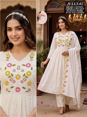 Jully Dhaboo Cotton Ghera Kurti Pant with Work Dupatta Set kurti pant with dupatta Catalogs