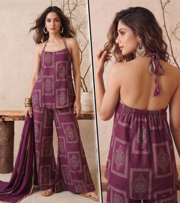 K 1453 Vatican Discharge Print Backless 3 Pcs Suit Set with Divider Palazzo wholesale catalogs