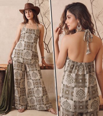 K 1453 Vatican Discharge Print Backless 3 Pcs Suit Set with Divider Palazzo Size wise Combo Set