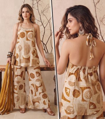 K 1453 Vatican Discharge Print Backless 3 Pcs Suit Set with Divider Palazzo Size wise Combo Set