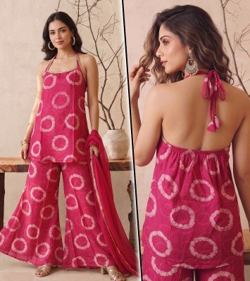 K 1453 Vatican Discharge Print Backless 3 Pcs Suit Set with Divider Palazzo Size wise Combo Set
