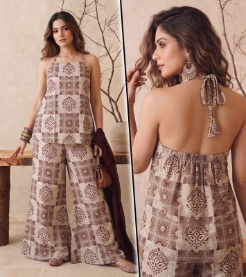 K 1453 Vatican Discharge Print Backless 3 Pcs Suit Set with Divider Palazzo Size wise Combo Set