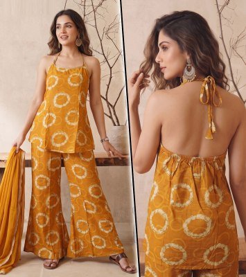 K 1453 Vatican Discharge Print Backless 3 Pcs Suit Set with Divider Palazzo Size wise Combo Set
