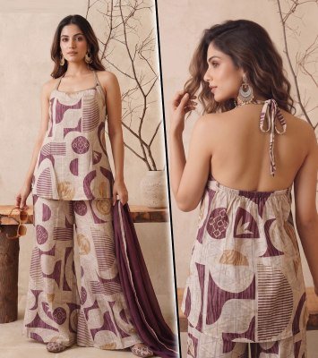 K 1453 Vatican Discharge Print Backless 3 Pcs Suit Set with Divider Palazzo Size wise Combo Set