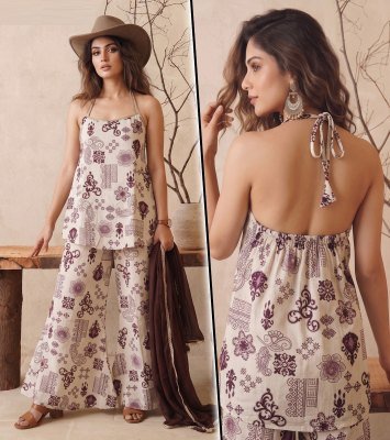 K 1453 Vatican Discharge Print Backless 3 Pcs Suit Set with Divider Palazzo Size wise Combo Set