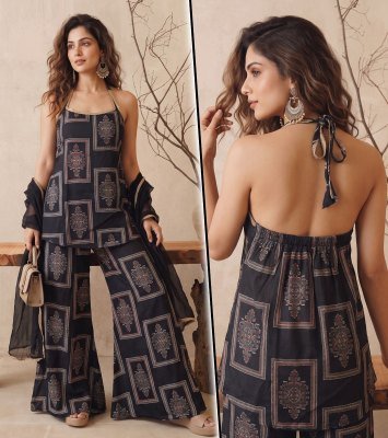 K 1453 Vatican Discharge Print Backless 3 Pcs Suit Set with Divider Palazzo Size wise Combo Set