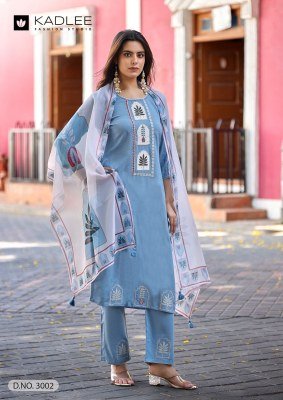 KADLEE Gulmohar Design 4 Heavy Rayon Handwork Thread Work 3-Piece Suit Set kurti pant with dupatta Catalogs