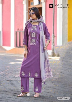 KADLEE Gulmohar Design 4 Heavy Rayon Handwork Thread Work 3-Piece Suit Set kurti pant with dupatta Catalogs