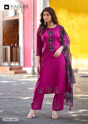 KADLEE Gulmohar Design 4 Heavy Rayon Handwork Thread Work 3-Piece Suit Set kurti pant with dupatta Catalogs
