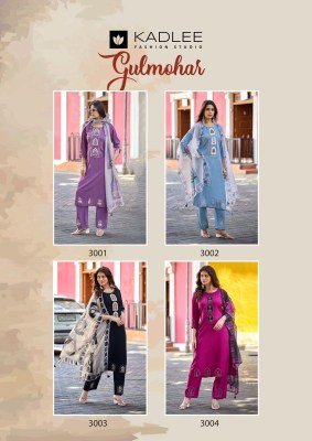 KADLEE Gulmohar Design 4 Heavy Rayon Handwork Thread Work 3-Piece Suit Set kurti pant with dupatta Catalogs