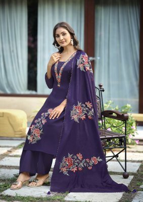KARISSA AJMERA Premium Viscose Mall Chanderi Straight Cut Top Pant Dupatta Set Fancy Palazzo suit catalogue