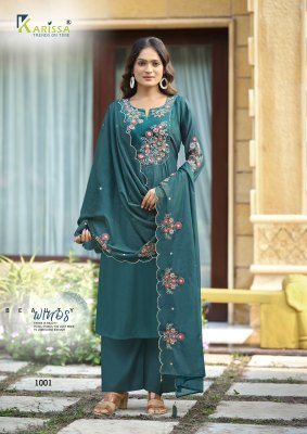 KARISSA AJMERA Premium Viscose Mall Chanderi Straight Cut Top Pant Dupatta Set Fancy Palazzo suit catalogue