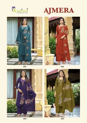 KARISSA AJMERA Premium Viscose Mall Chanderi Straight Cut Top Pant Dupatta Set Fancy Palazzo suit catalogue