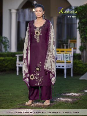 KARISSA Straight Cut 3-Piece Viscose Satin Suit with Patchwork and Dupatta 