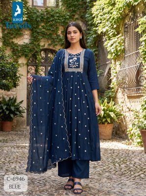 KAVYA D.No. 6946 Mull Chanderi Embroidery A-Line Ghera 3-Piece Plazzo Suit with Dupatta Size wise Combo Set