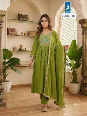 KAYA KURTI FORCE 3-Piece Anarkali Mull Chanderi Kurti Roman Silk Set wholesale catalogs