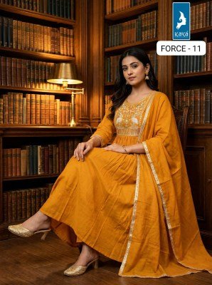 KAYA KURTI FORCE 3-Piece Anarkali Mull Chanderi Kurti Roman Silk Set Size wise Combo Set