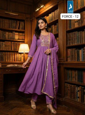 KAYA KURTI FORCE 3-Piece Anarkali Mull Chanderi Kurti Roman Silk Set Size wise Combo Set